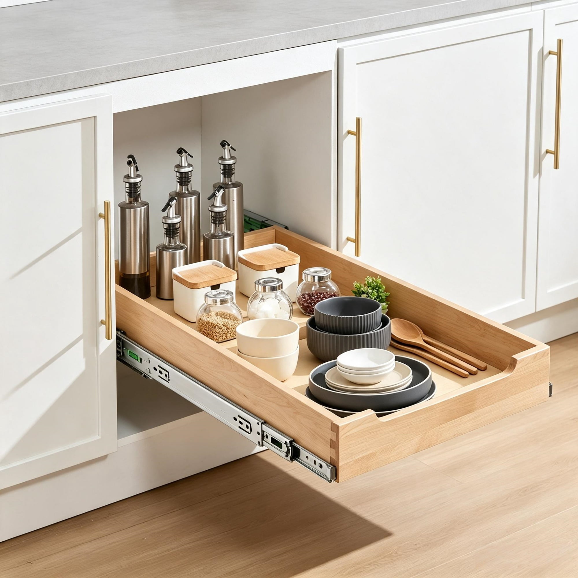 Pull Out Cabinet Organizer, Heavy-Duty Wood Drawer with Soft Close Slides for Kitchen & Pantry, 14"W x 21"D