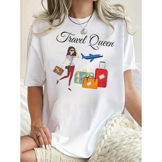 Camiseta elegante y cómoda para mujer con estampado "Viajera divertida". Cuello redondo informal, manga corta, mezcla de algodón elástico, lavable a máquina. Perfecta para el verano y para el tiempo l