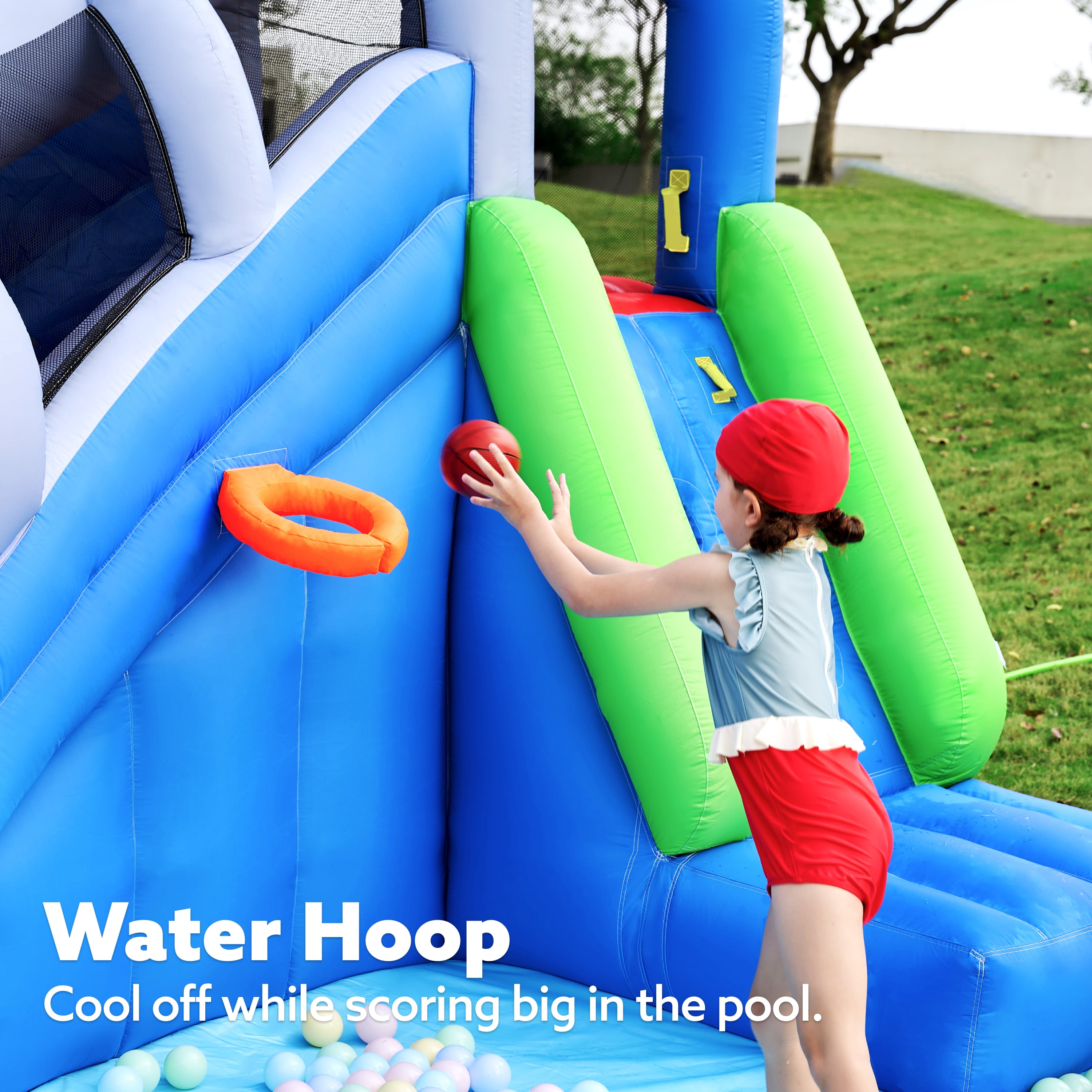 Joyfy Inflatable Water Slide Shark Bouncy House, Kids Bounce House with Splash Pool, Slide, Basketball Hoop, Climbing Wall, Water Cannon, Jumping Castle for Kids 3-12, Indoor & Outdoor