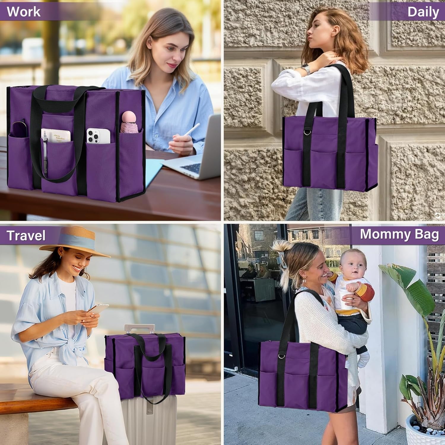 Omlopp Large Tote Bag for Women Waterproof with 12 Pockets Top Zipper Closure Utility Teacher Nurse Bags for Work School-Purple-Large