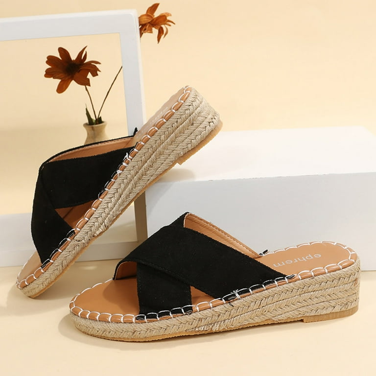 ZIZOCWA Sandler for Women Slippers And Robe Set for Women Ladies Fashion Summer Solid Color Suede Strap Slippers Woven Bottom Wedge Slippers 39