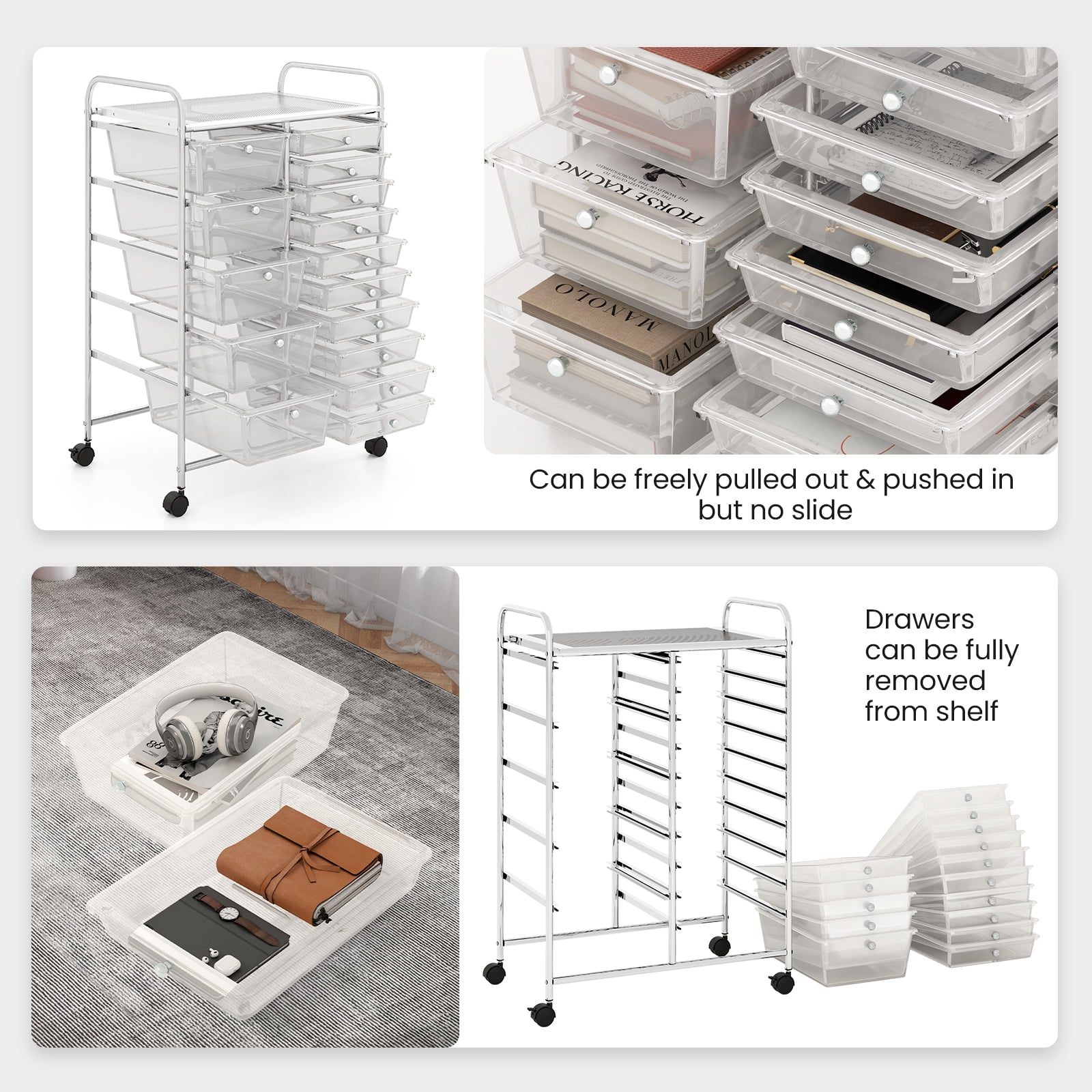 Costway 15-Drawer Rolling Storage Cart Mobile Organizer with Lockable Wheels Clear