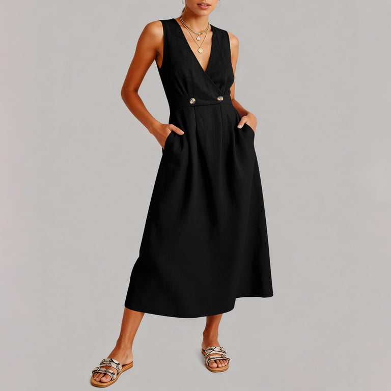 Hinvhai Women's Cotton Linen Solid Color Sleeveless V Neck Dress Criss Cross Front Cuff Waist Tie Long Maxi Dress Black, Size: Medium Hinvhai Women's Cotton Linen Solid Color Sleeveless V Neck Dress Criss Cross Front Cuff Waist Tie Long Maxi Dress Black, Size: Medium