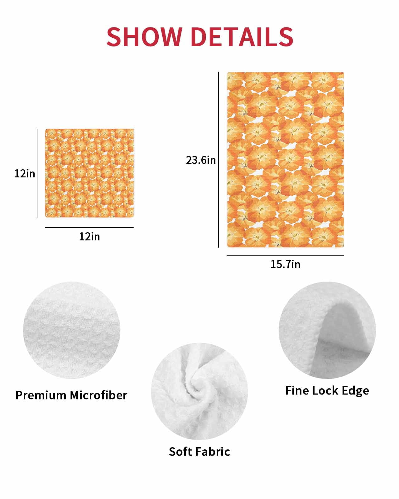 Spring Floral Kitchen Dish Towels for Drying Dishes Set of 2, Orange Country Retro Botanical Pastoral Waffle Weave Microfiber Terry Hand Tea Bathroom Towels Quick Dry & Absorbent Towel 12x12