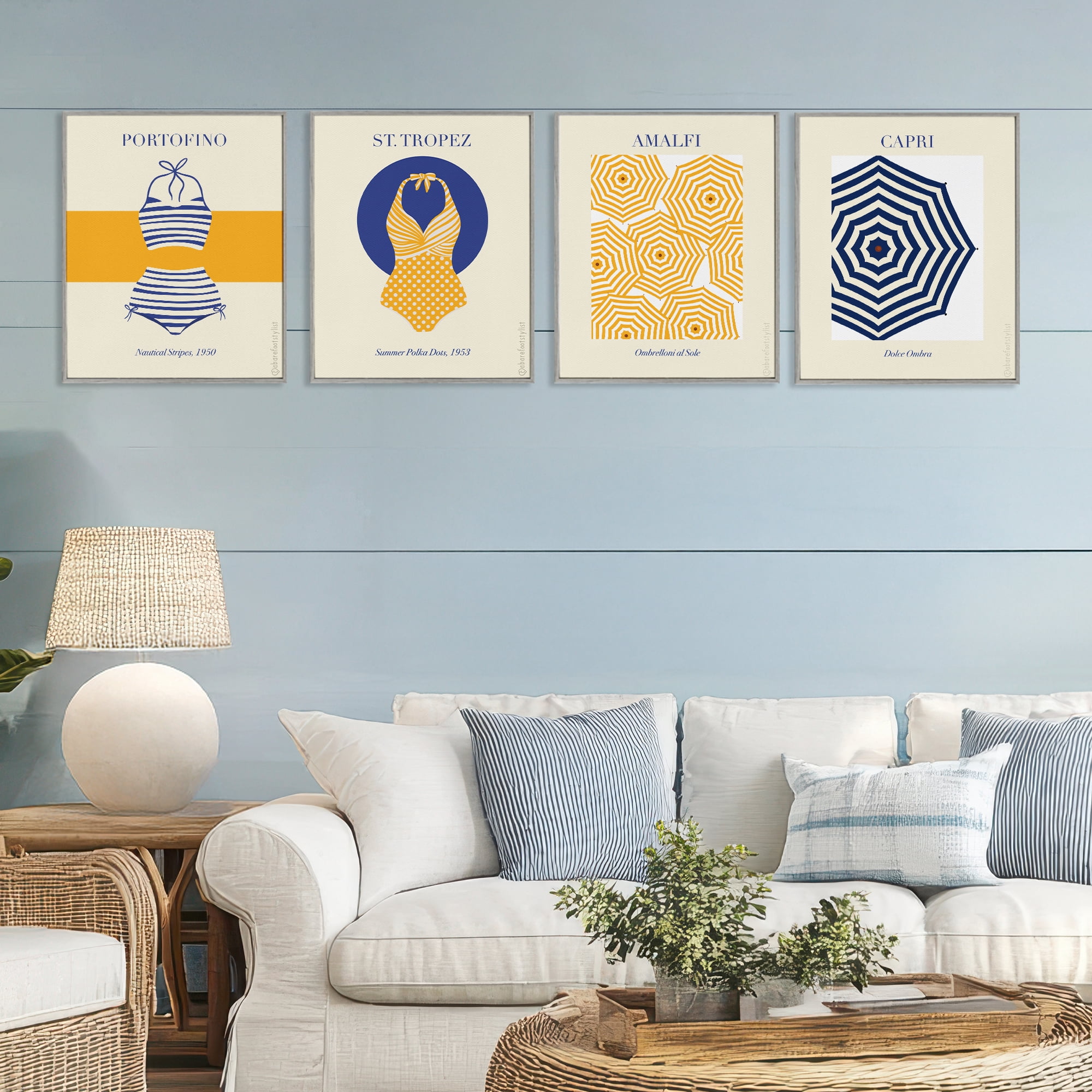 Stupell Industries Retro Beach Vacation Elements 4 Piece Gray Framed Giclee Art Set, design by A Barefoot Stylist