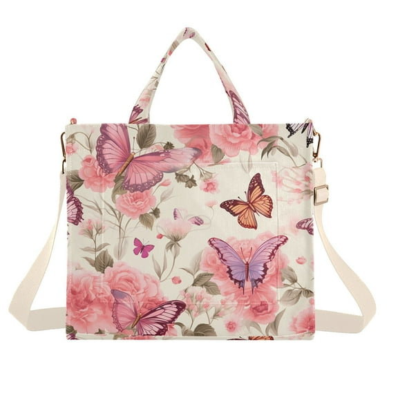 Floral Butterflies Flowers Corduroy Tote Bag Handbag Large Messenger Bag Shoulder Crossbody Zipper Bag Purse