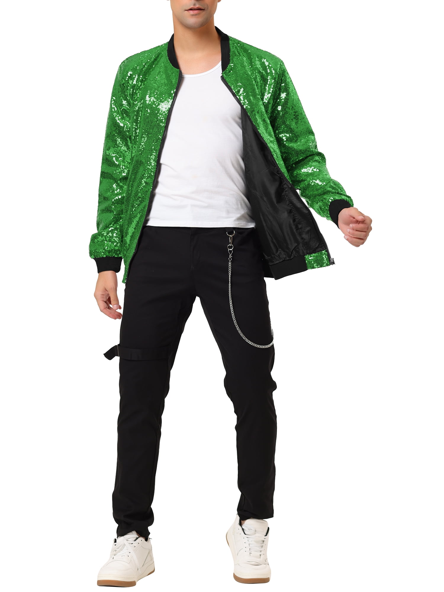 Unique Bargains Men's Long Sleeves Sequin Varsity Zipper Bomber Jacket S Light Green