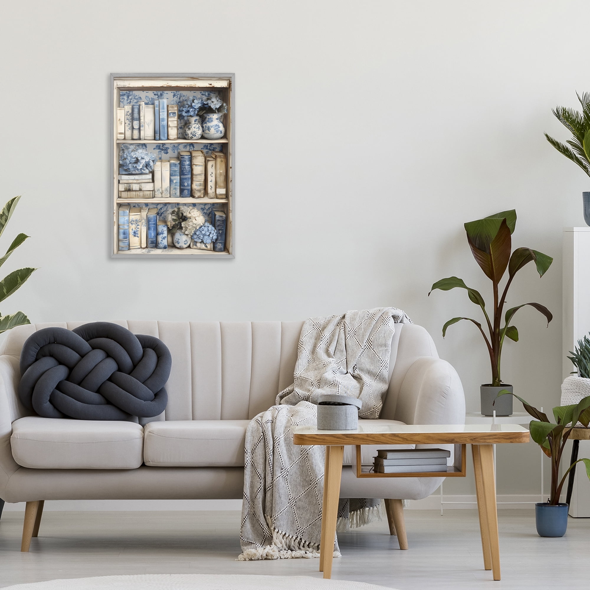 Stupell Industries Blue & Beige Bookcase Gray Framed Giclee Art, design by LSR Design Studio