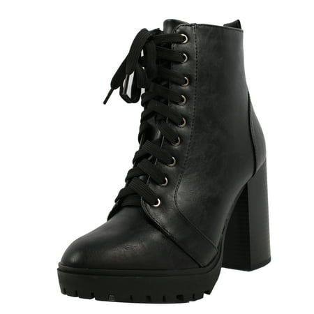 - Soda Women's Military Combat Lace Up Lug Platform Chunky Block Heel Ankle Boot