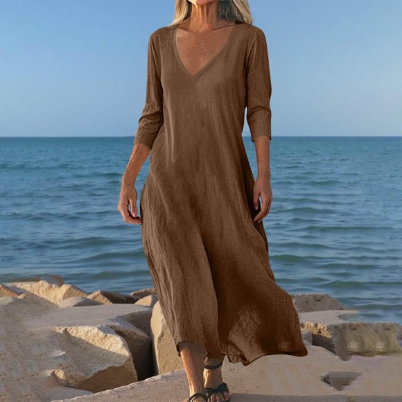 Summer Dresses for Women 2025 Zeophrasy Fashion Women Summer Casual V-Nek 3/4 Sleeve Solid Mid-Calf Dress Clearance Under 5
