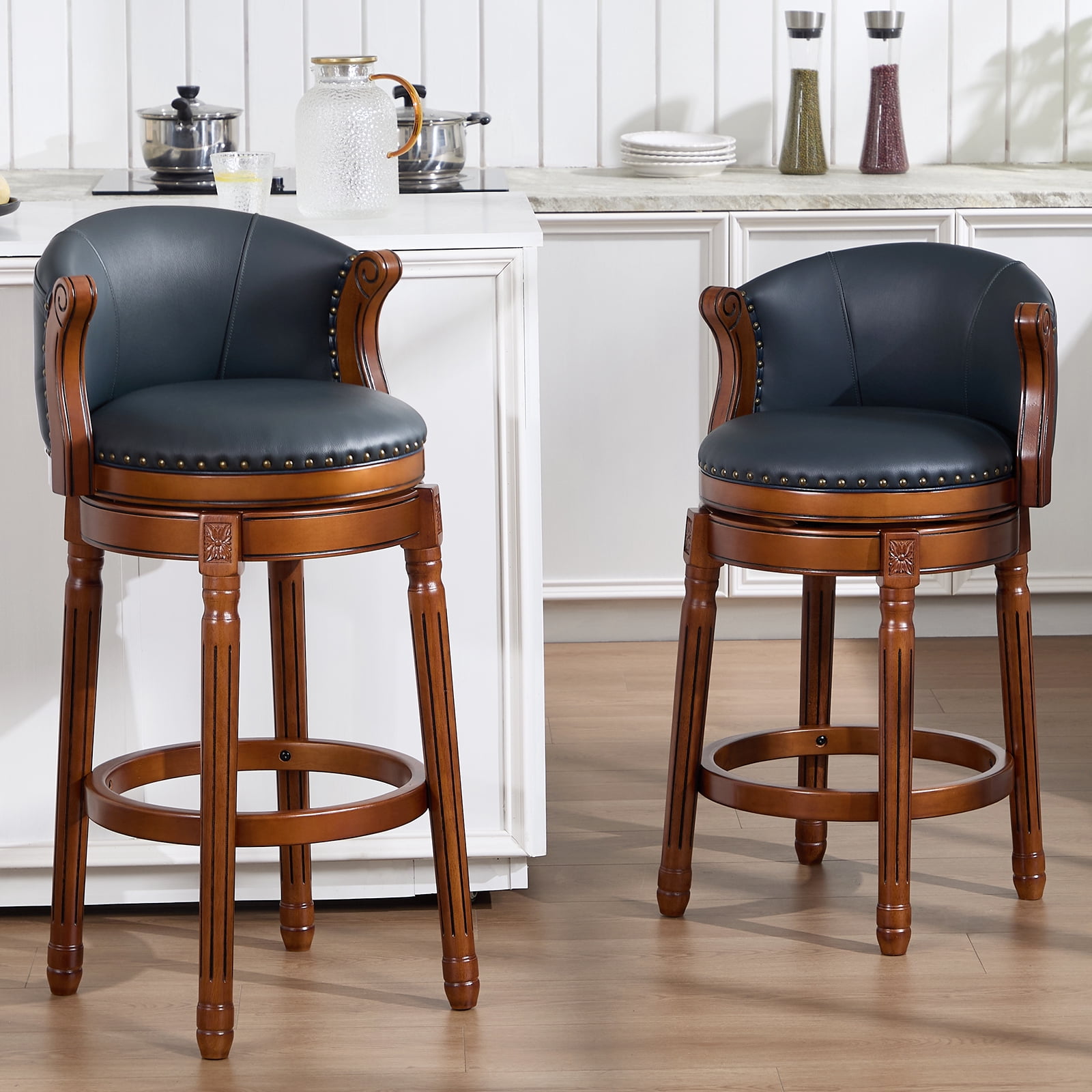 Aulife set of 2 Bar Stools Genuine Leather Counter Height barstool Wooden Swivel kitchen Stool with Footrest for Kitchen Dining Room Navy