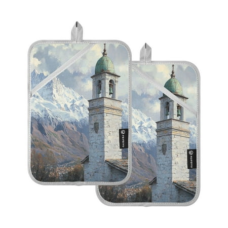 BZSMCE Pot Holder Oven Mitts Cooking baking White Bell Tower and Mountain Creative Pattern Size:7x9.8in