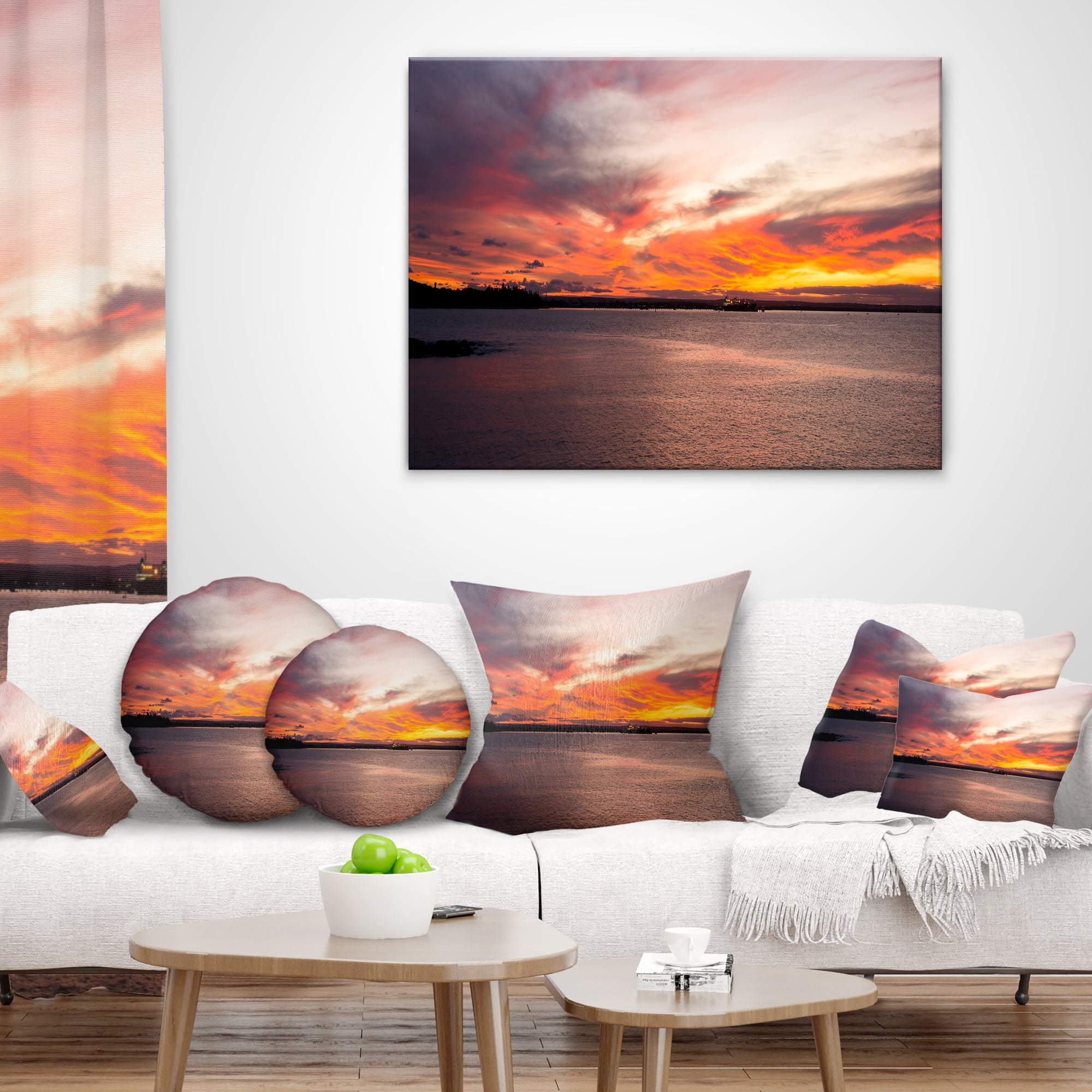 Designart Yellow Sky Over Calm Sydney Coast - Seashore Throw Pillow - 18x18
