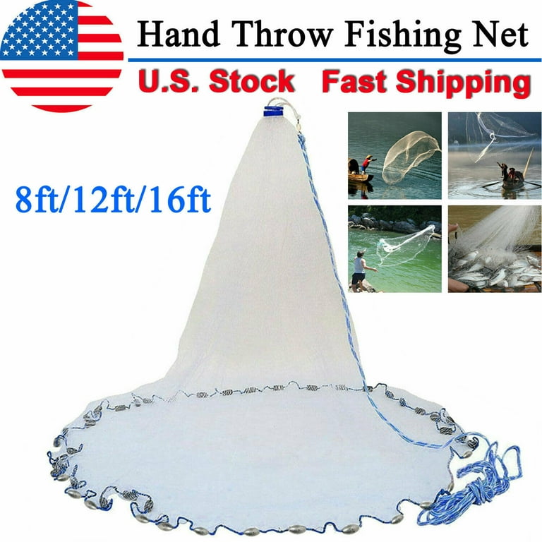 8ft/12ft/16ft Diameter Saltwater Fishing Cast Net For Bait Trap Height Easy  Throw Sink US 