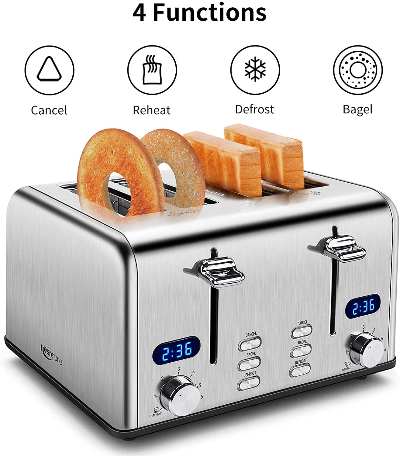 4 Slice Toaster, Keenstone Retro Bagel Toasters with Timer, Wide Slot