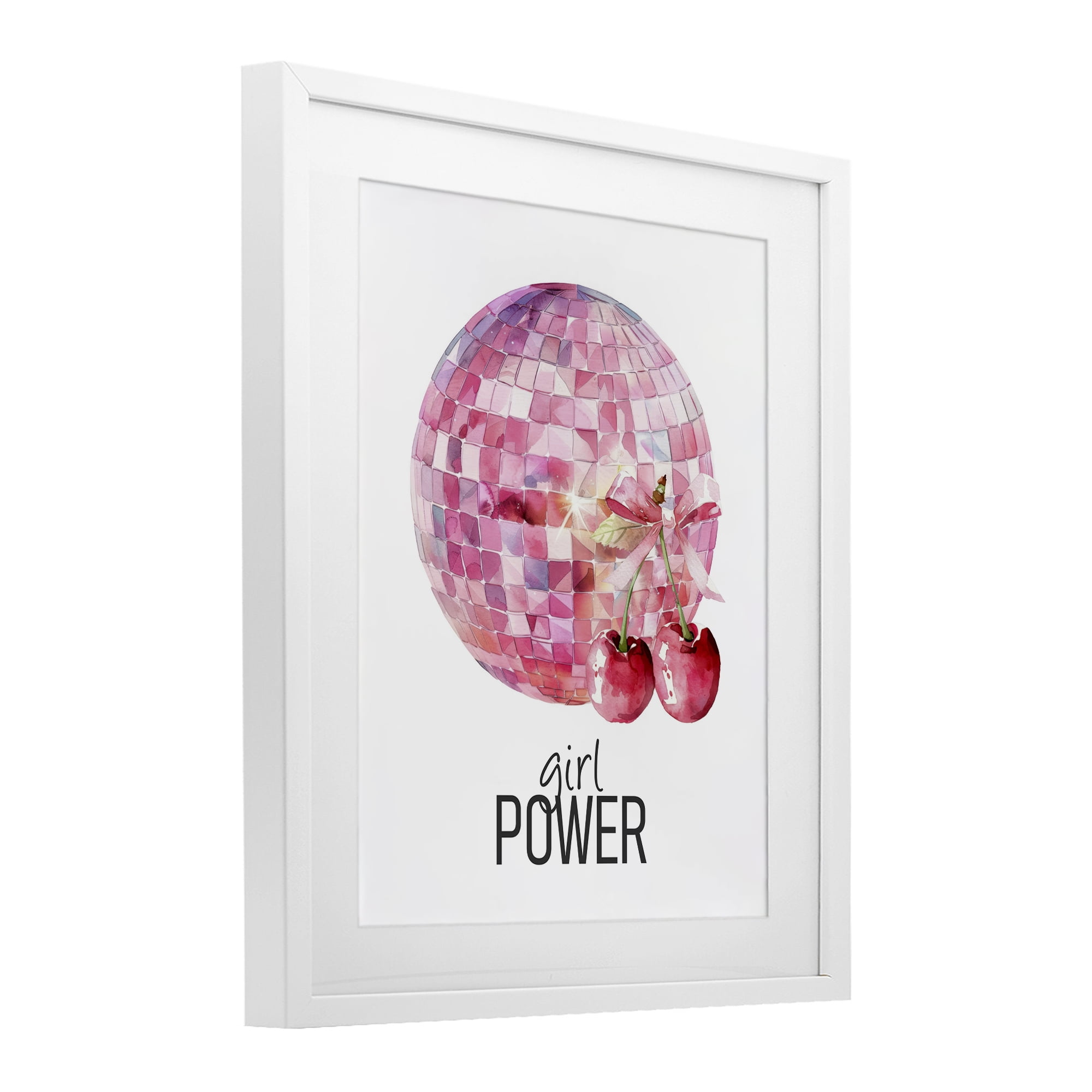 Girl Power Disco Cherries White Framed Print Under Glass, design by Kim Allen