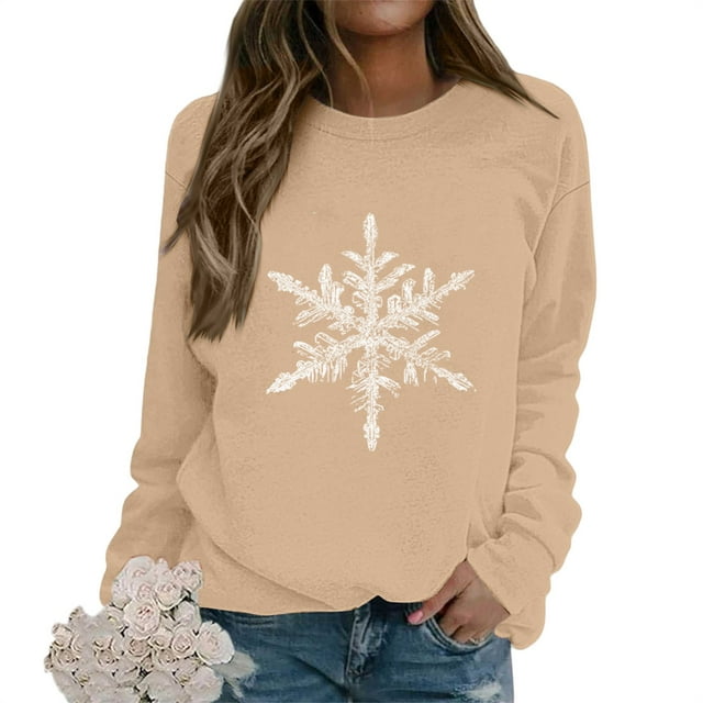 Chandail à Col Rond pour Femmes à Imprimé Flocon de Neige, Haut Décontracté à Manches Longues à Enfiler à Thème Hivernal, Vêtement d'Intérieur en Molleton Français Doux pour l'Automne et l'Hiver, Usage Quotidien et Cadeaux des Fêtes - Kaki