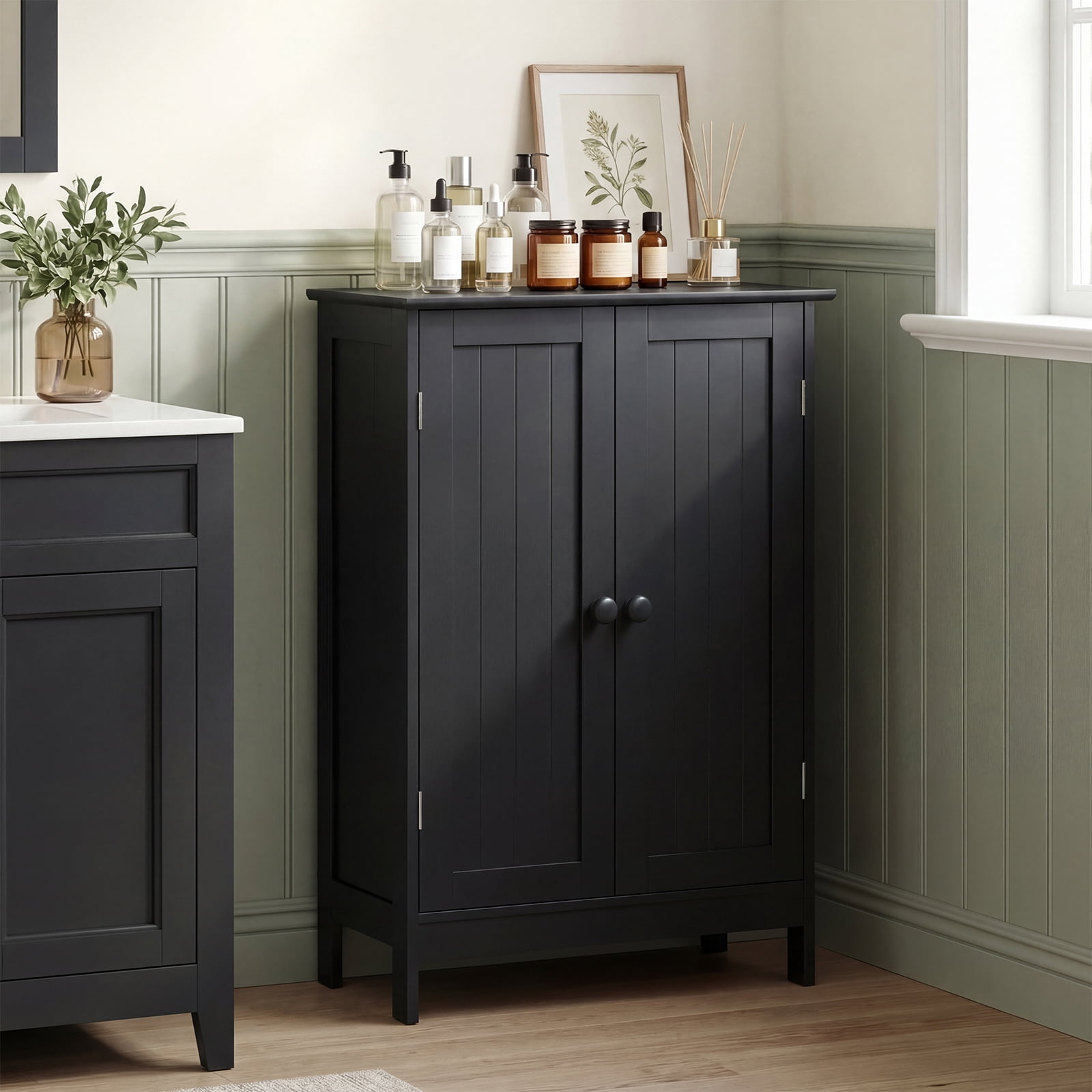 Gymax Bathroom Storage Cabinet Freestanding Wooden Floor Cabinet w/ Double Doors Black