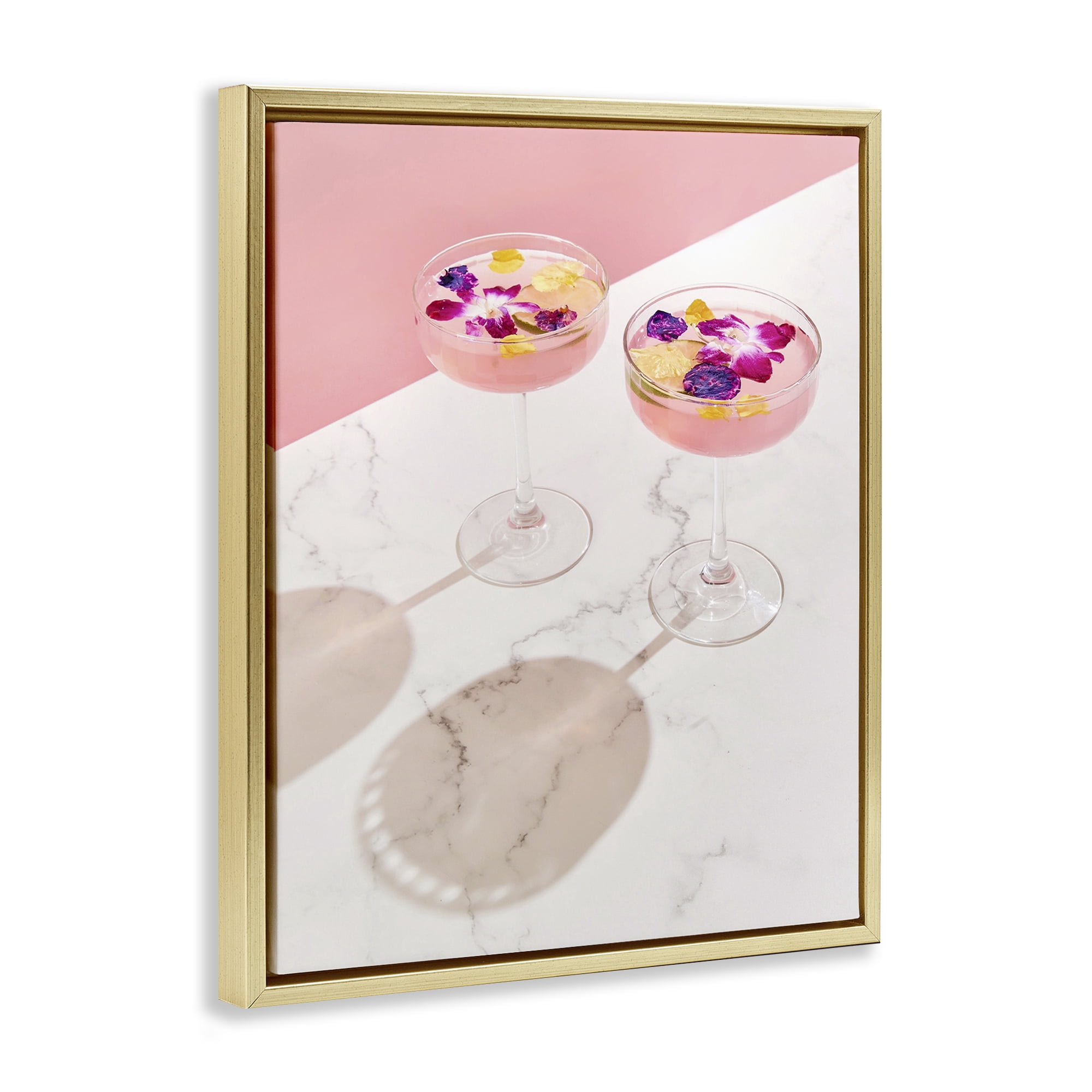 Stupell Industries Pink Floral Cocktails Food & Beverage Painting Gold Floater Framed Art Print Wall Art, 17 x 21