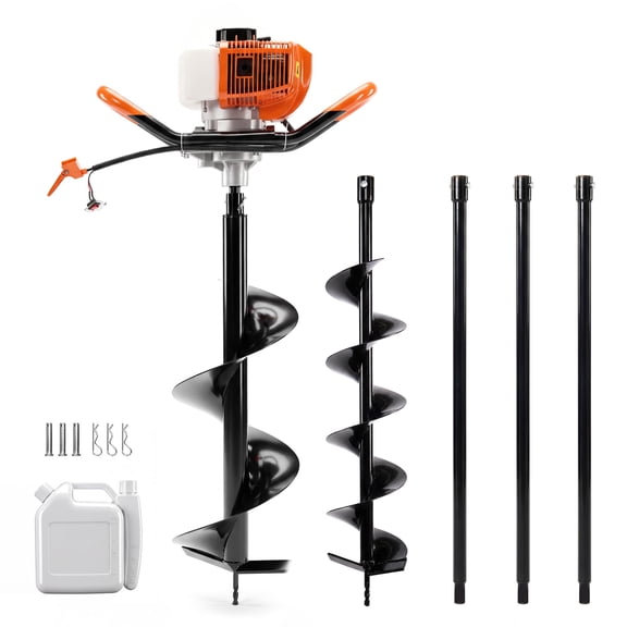 52cc 2-Stroke Gas Powered Earth Auger, 6" & 10" Post Hole Digger Bits w/ 3 Extensions, Anti-Vibration, EPA Certified, Max Depth 10.5 ft for Fence Deck Planting