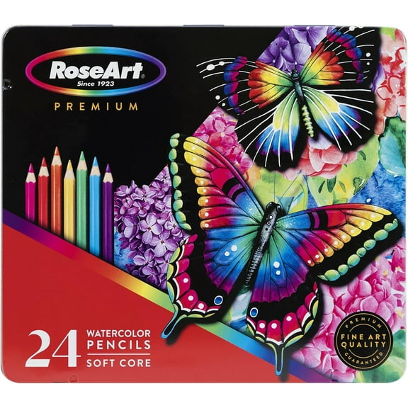 RoseArt Premium 24ct Soft Core Watercolor Pencils – Art Supplies for Drawing, Sketching, Adult Coloring in Design Storage Tin