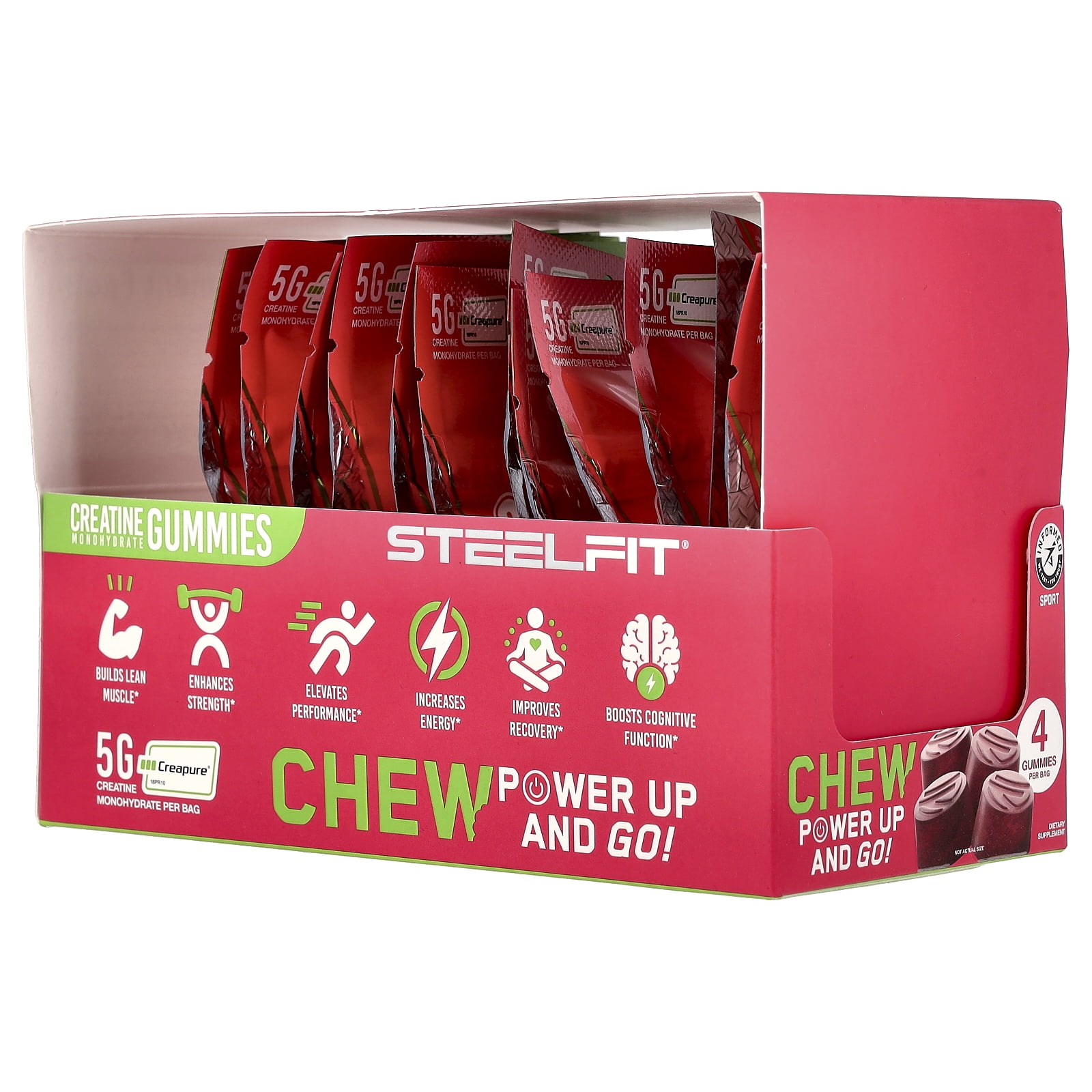 SteelFit Creatine On-The-Go™, Creatine Monohydrate Gummies, Juicy Watermelon, 12 Packs, 0.8 oz (22 g) Each