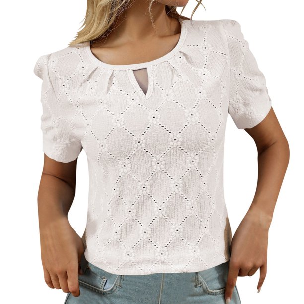 Camiseta de cuello redondo para mujer con detalle fruncido - Informal Primavera/Verano, ligera, fácil de cuidar, ideal para combinar con vaqueros