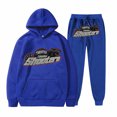 thumbnail image 1 of Venta de liquidación Pantalones de manga larga de felpa para mujer, jersey holgado con estampado de letras y sudadera con capucha de cuerda, de dos piezas Azul XXL, 1 of 3