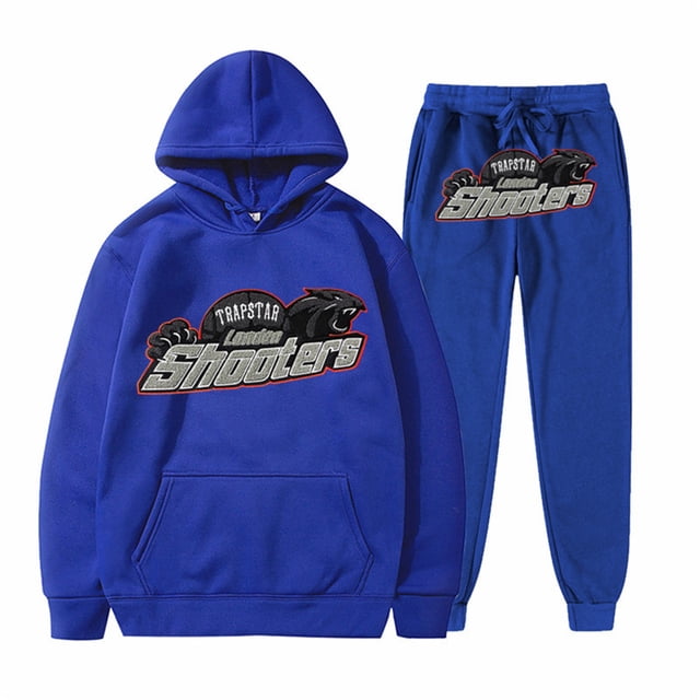 Venta de liquidación Pantalones de manga larga de felpa para mujer, jersey holgado con estampado de letras y sudadera con capucha de cuerda, de dos piezas Azul XXL