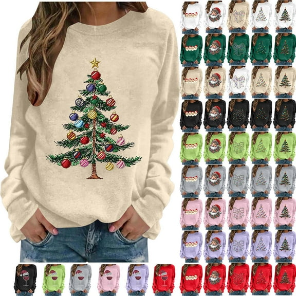Horkkom Christmas Sweatshirts for Women Christmas Tree Print Christmas Sweaters Funny Holiday Graphic Sweatshirts L