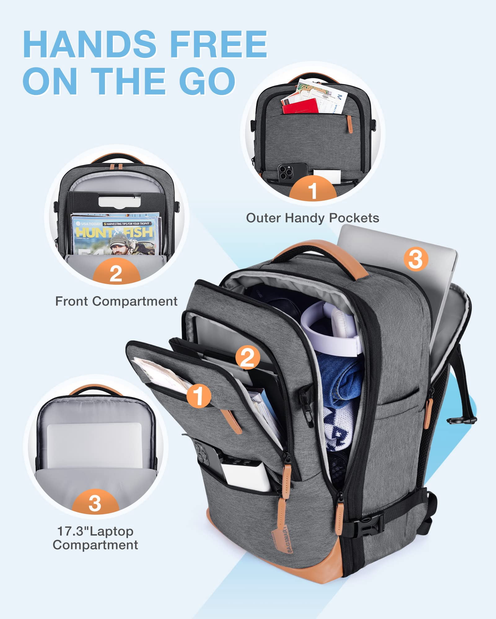 BAGSMART Extra Larger 40L Travel Backpack Expandable Business Backpack with Packing Cubes, Airline Approved Carry On Luggage Backpack Fit 17" Laptop, Waterproof College Daypack with Shoe Bag, Gray