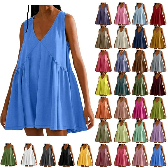 Summer Savings Clearance Womens Summer Sleeveless Mini Dress Casual Loose Solid-Neck Pullover Sundress Flowy Beach Dress With Pocket Pleated Dresses Beach Vacation Clothes for Women Size S-2XL