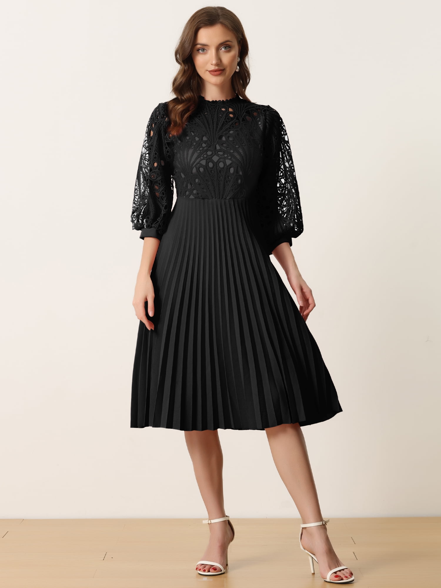 DARING DIVA Women's Lace Crochet Lantern Sleeves Casual Crew Neck Pleated Dress M Black