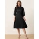 thumbnail image 3 of Vestido de encaje floral Allegra K para mujer mangas 3/4 panel con cinturón línea A plisado Negro L, 3 of 5