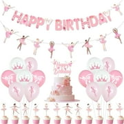 Cartoon Ballerina Themed Birthday Party Decoration, Pink Happy Birthday Banner Ballet Dancers Hanging Garland Latex Balloons Cake Topper Cupcake Picks, Dancer Themed Party Supplies for Girl