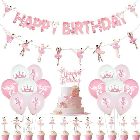 Cartoon Ballerina Themed Birthday Party Decoration, Pink Happy Birthday Banner Ballet Dancers Hanging Garland Latex Balloons Cake Topper Cupcake Picks, Dancer Themed Party Supplies for Girl