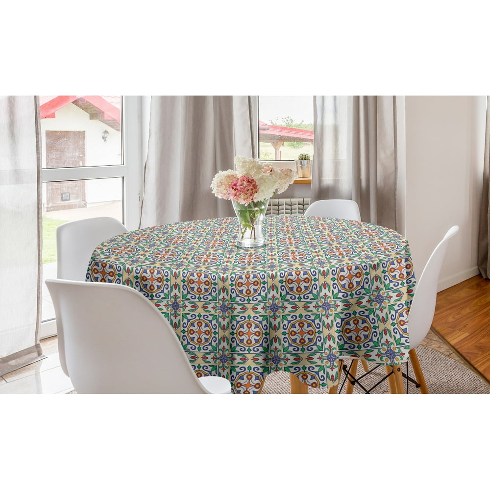 Geometric Round Tablecloth, Spanish Culture Inspired Ornamental