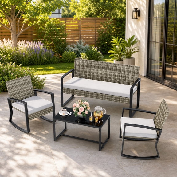 Outdoor Conversation Set, 4-Piece All-Weather Rattan Patio Set - Rocking Chairs & Loveseat, Waterproof Cushions, Tempered Glass Table for Backyard/Porch/Balcony, Light Gray