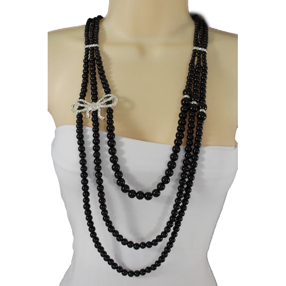 Women Silver Metal Ribbon Bow Tie Charm Fashion Jewelry Long Necklace Black Bead