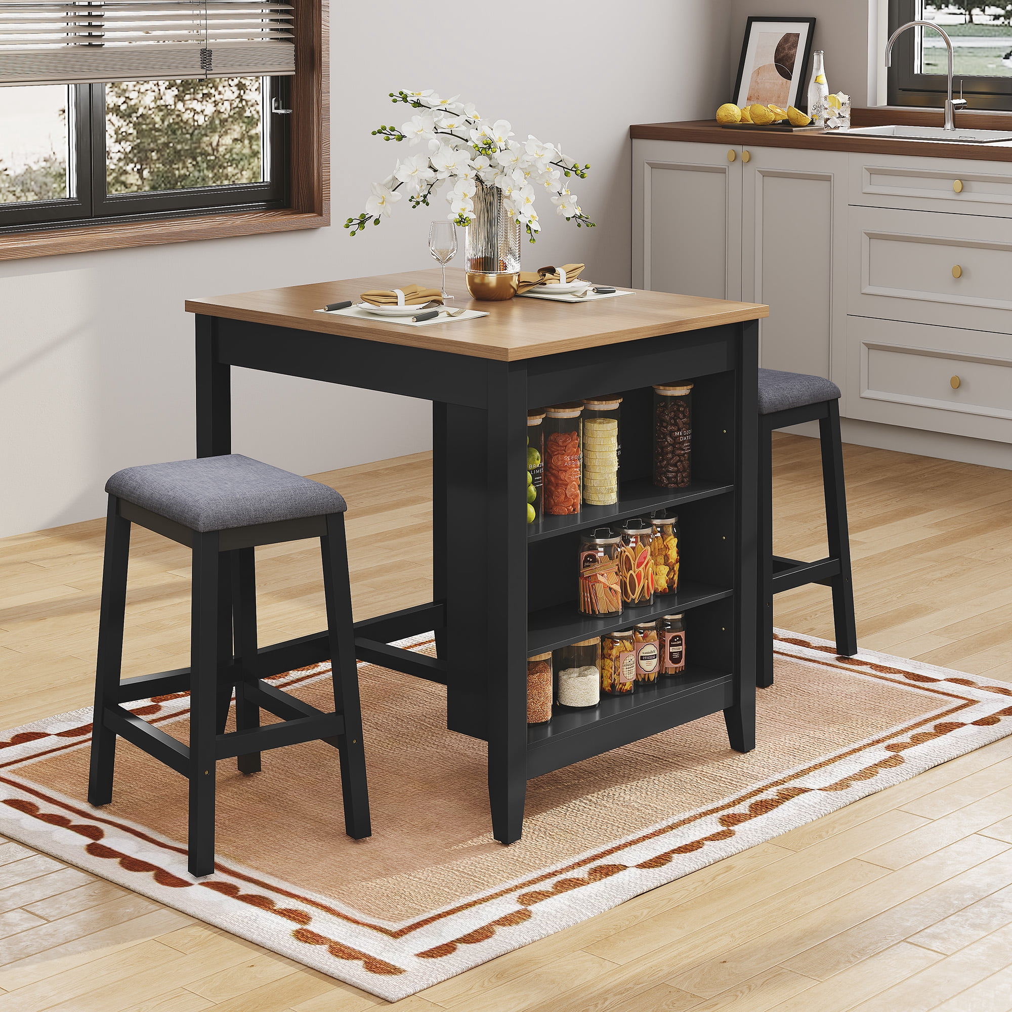 HLR Farmhouse Dining Table Set for 2, Small Kitchen Table Chairs Set of 2 with Tufted for Apartment, Black