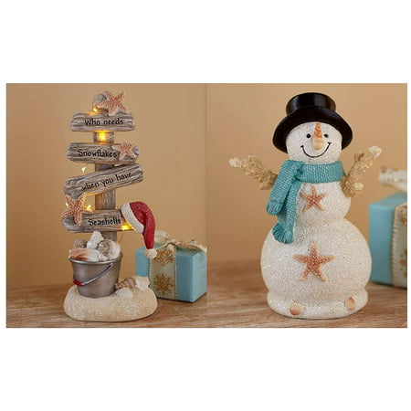 LTD Coastal Holiday Decor Collection Snowman Figurine & Lighted Christmas Tree Set Seaside Beach