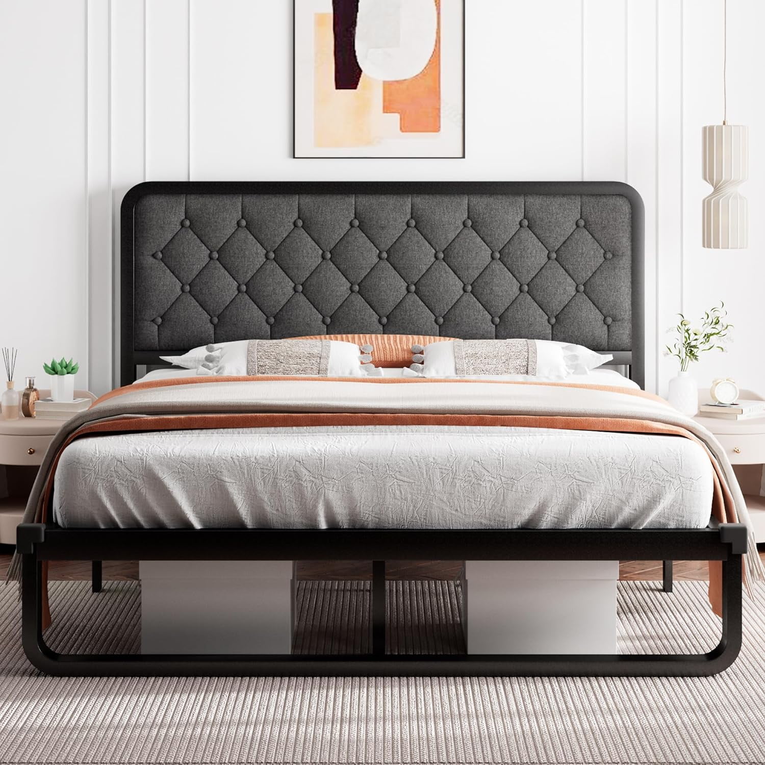 iPormis Full Size Metal Bed Frame with Linen Upholstered Headboard, 12'' Underbed Space, Thickened Metal Steel Slat Support, No Noise Free,Grey