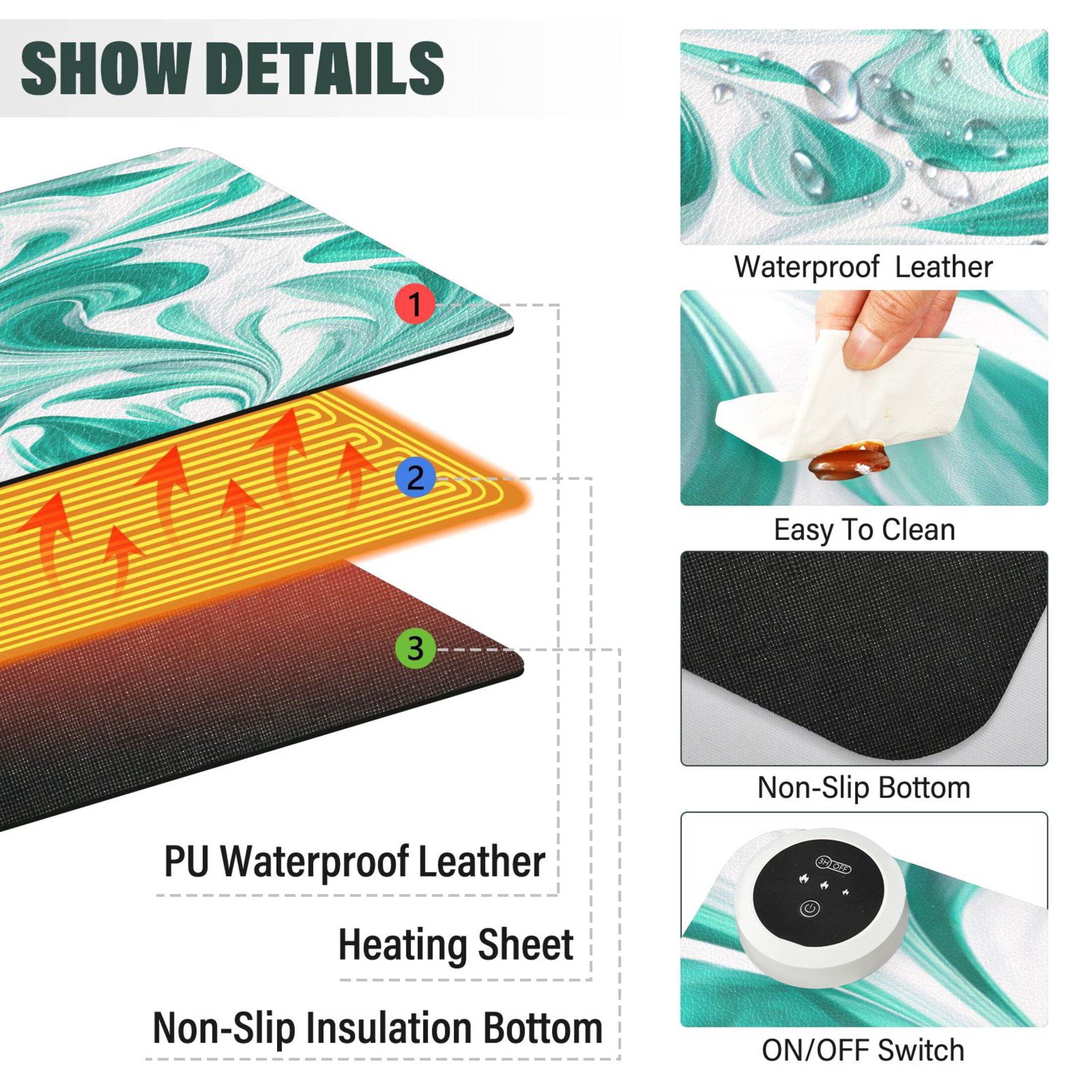 Large Heated Desk Mat Mouse Pad 31.5"x13"PU Leather Graphene Heating Desk Warmer with 3 Temperature Settings 110V US Plug Non-Slip Warm Pad for Home, Office, and Gaming Jade Green Marble Pattern
