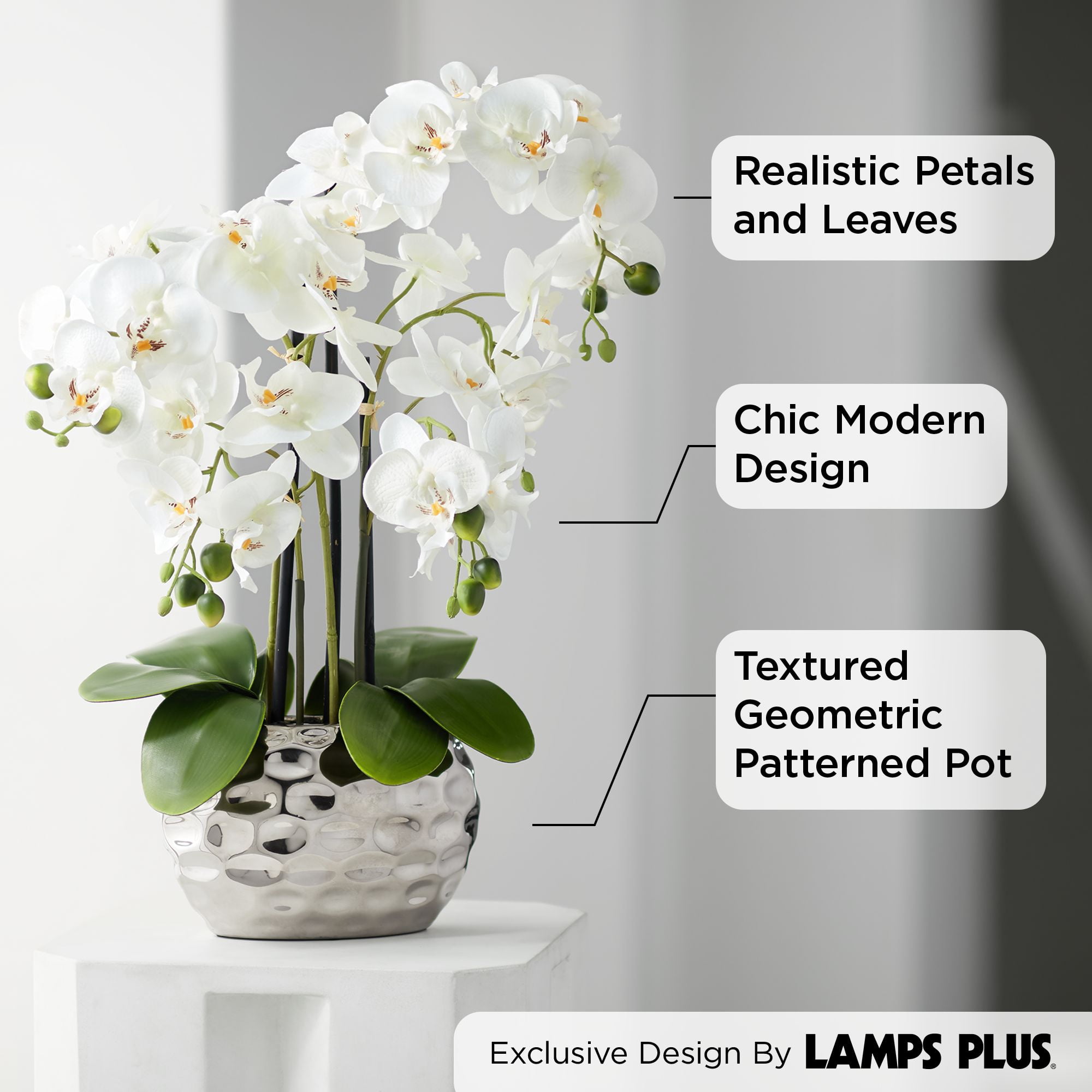 Dahlia Studios Potted Faux Artificial Flowers Realistic White Phalaenopsis Orchid in Silver Pot Home Decoration Office 23" High