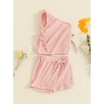 thumbnail image 6 of Douhoow Toddler Girls Summer Outfits Solid Color Oblique Shoulder Drawstring Ribbed Tank Tops Shorts Kid 2Pcs Set, 6 of 9