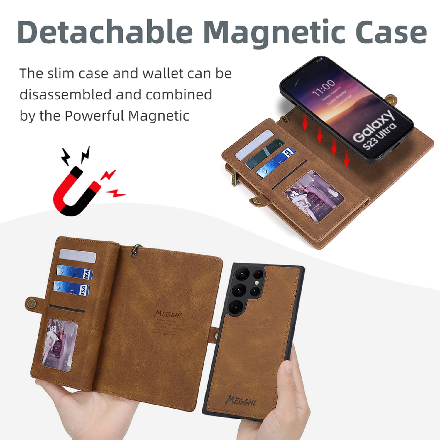for Samsung Galaxy S25 Ultra Case for Women Men, Removable Durable PU Leather Magnetic Flip Strap Wristlet Zipper Purse Card Holder Detachable Wallet Phone Cases for Samsung Galaxy S25 Ultra, Brown