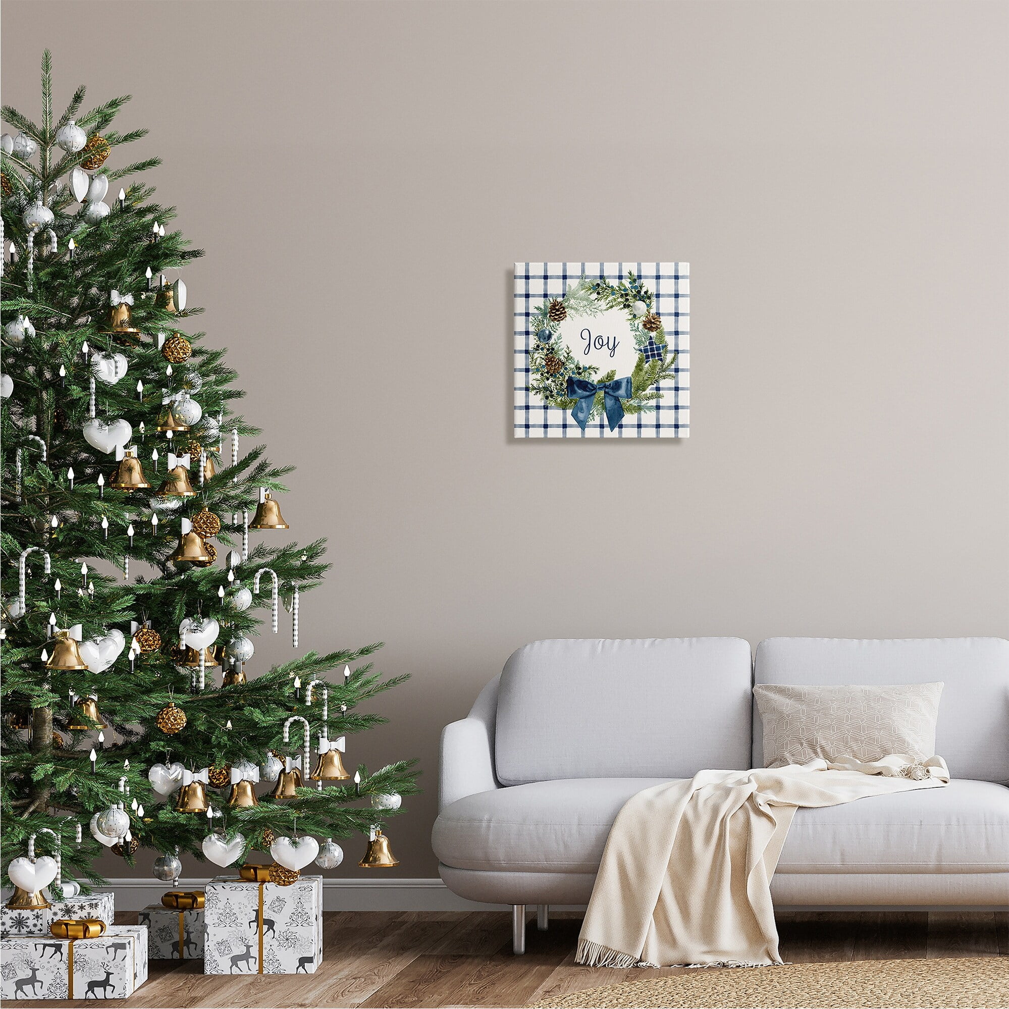 Stupell Industries Winter Joy Sentiment Rustic Pinecone Wreath Blue Plaid, 24 x 24,Design by Victoria Barnes