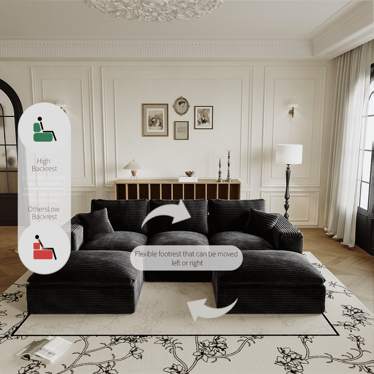 Modular Sectional Cloud Couch - L-Shape Memory Foam Sofa With Chaise & Ottoman, Black Velvet, No Assembly
