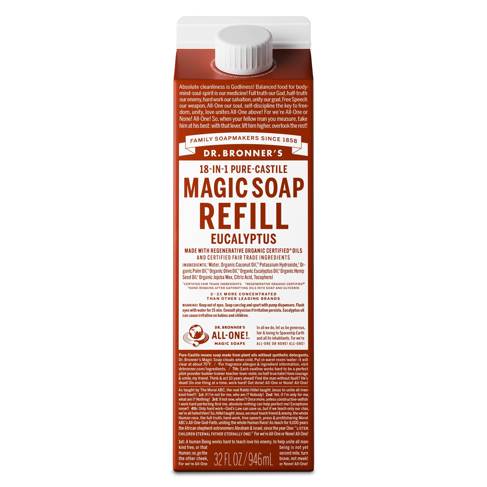 Dr.Bronner's Magic Soap Refill, Eucalyptus, Pure-Castile Body Wash Liquid Soap, 32 fl oz
