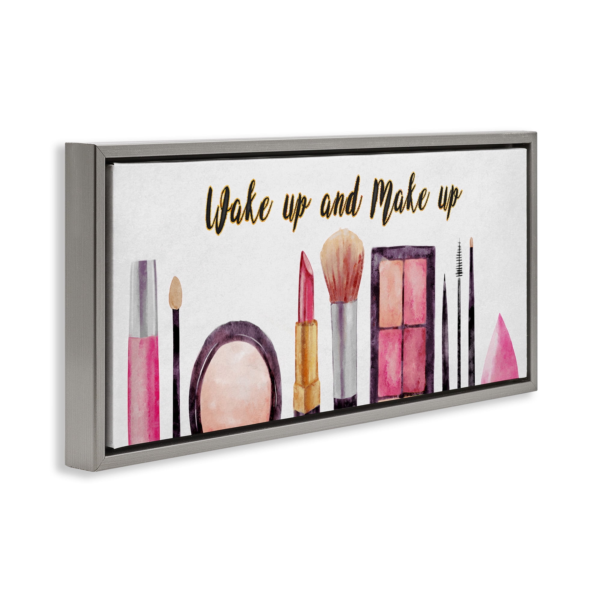 Stupell Industries Wake Up Make Up Watercolor Beauty & Fashion Painting Gray Floater Framed Canvas Art Print Wall Art, 31 x 14